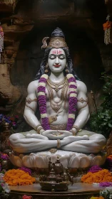 Serene white deity statue cradled in soft garlands and glow.