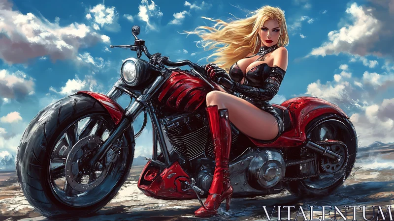 Aerodynamic crimson cruiser with stylized rider in motion-ready stance.