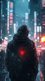 Hooded figure in neon city street during heavy rain at night.