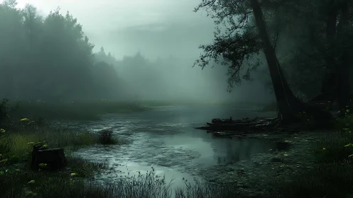 Dense fog settles over reflective forest swamp at dawn