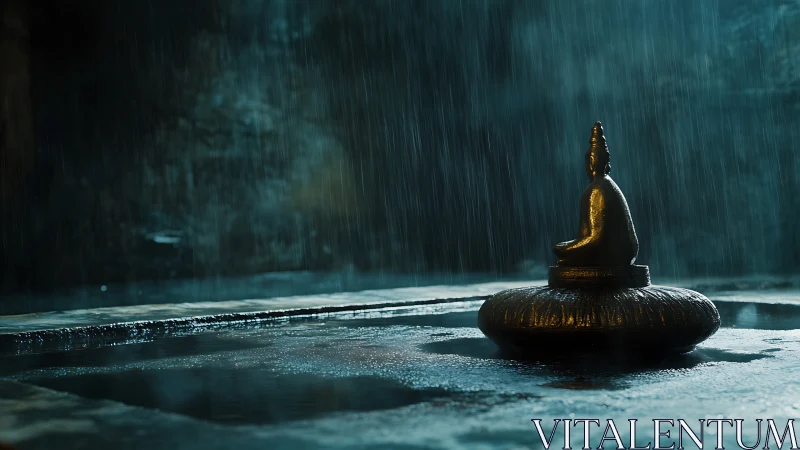 Bronze Buddha figurine under directional rain with moody backlight