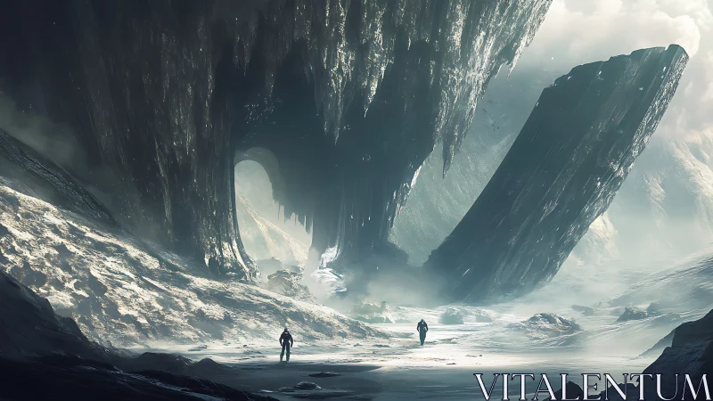 Colossal ice cavern towers over lone winter explorers.