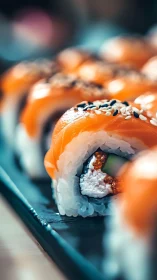 Macro food photography of salmon sushi rolls in shallow focus.