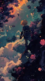 Solitary figure on cliff above clouds under glowing sky.