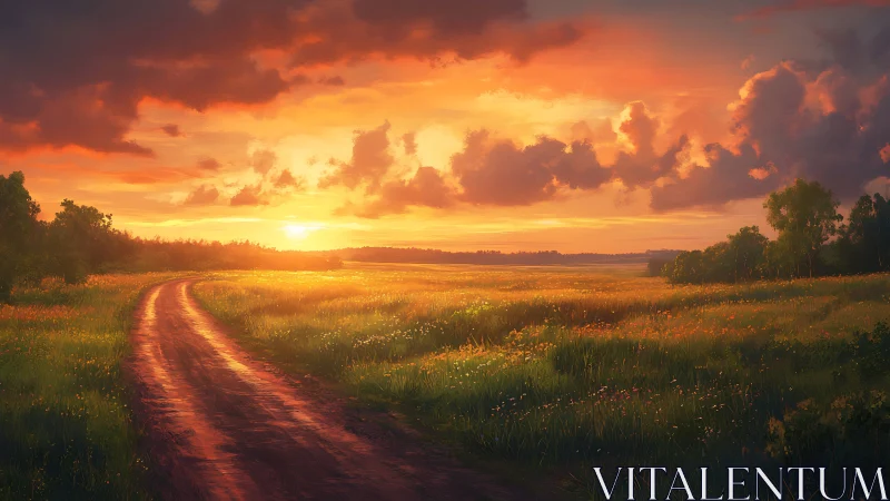 Sunset-soaked country road curls through a glowing summer field