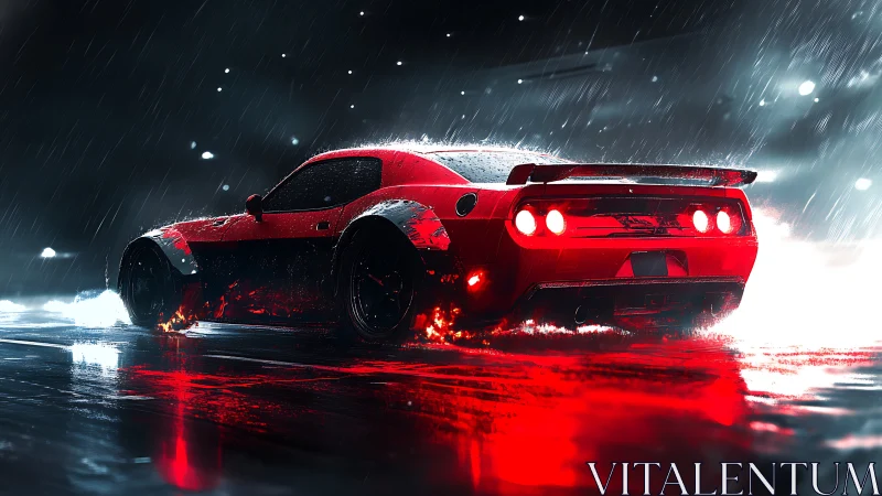 Red sports car drifting on wet asphalt in heavy rain.