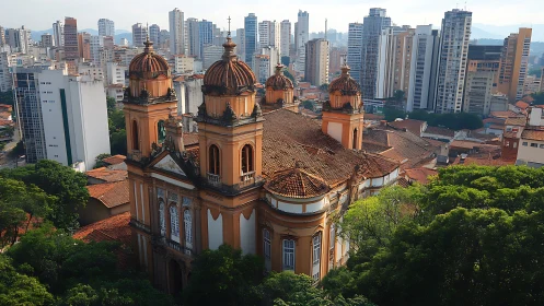 Sun-warmed baroque cathedral cradled by a modern skyline.