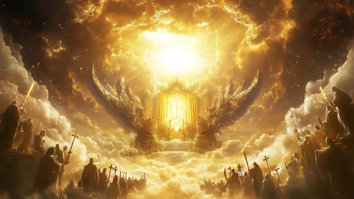 Radiant celestial gate opens above gathered robed figures.