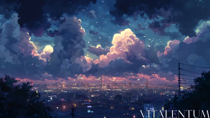Storm-dream clouds drift above neon-dusted twilight city.