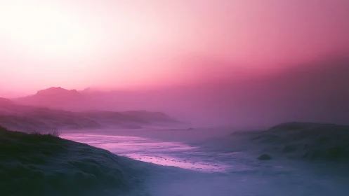 Pink misty shoreline under glowing sunrise light.