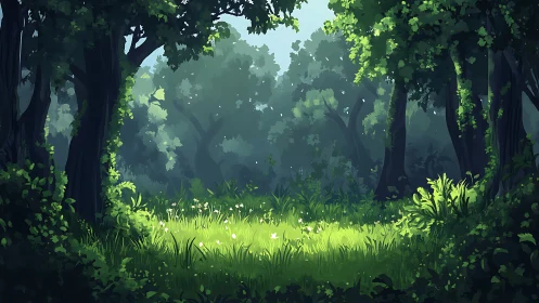 Forest clearing rendered with layered vegetation depth