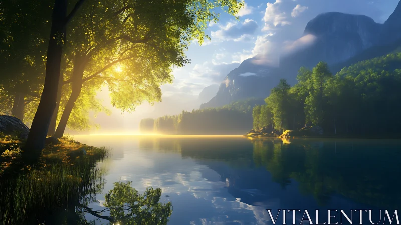Sunlit forest lake with calm water and distant mountains.