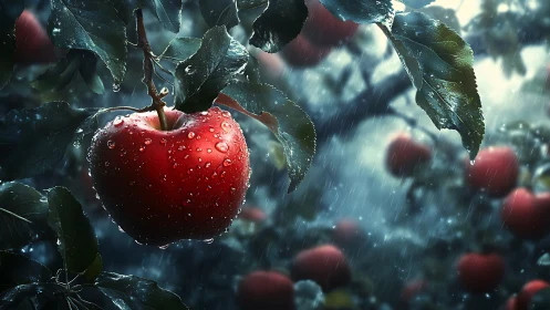 Red apple hangs under rain with sharp droplets and leaves