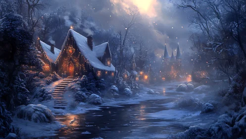 Snow covered cottage and village by river at winter dusk.