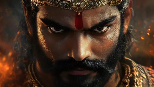 Cinematic warrior close‑up with intense gaze and embers.