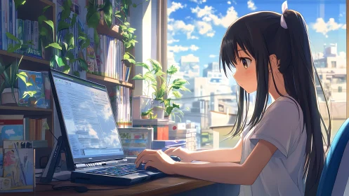Sunlit anime workspace where quiet focus meets bright city skies.