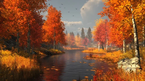 River runs through dense forest of bright autumn trees
