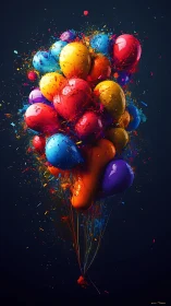 Glossy balloons exploding in vibrant colors against dark background.
