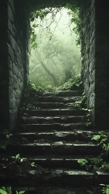 Mossy stone stairway ascending toward misty forest view.