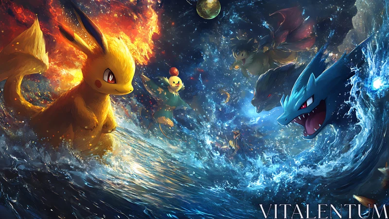 Elemental creatures clash in a dazzling oceanic inferno.