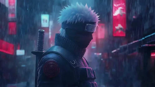 Silhouetted futuristic warrior in rainy neon city street scene.