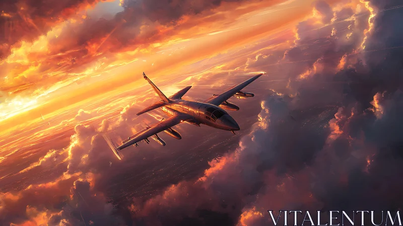 Jet aircraft climbs through dense clouds at dramatic sunset