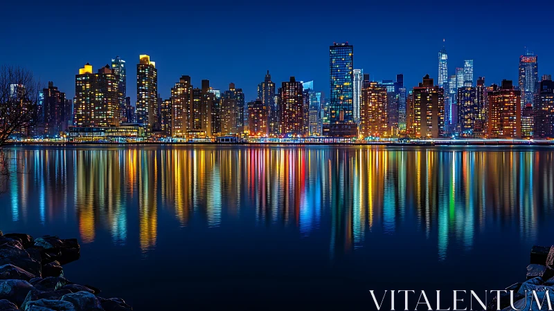 Night skyline captures high-rise luminance with mirrored chromatic reflections