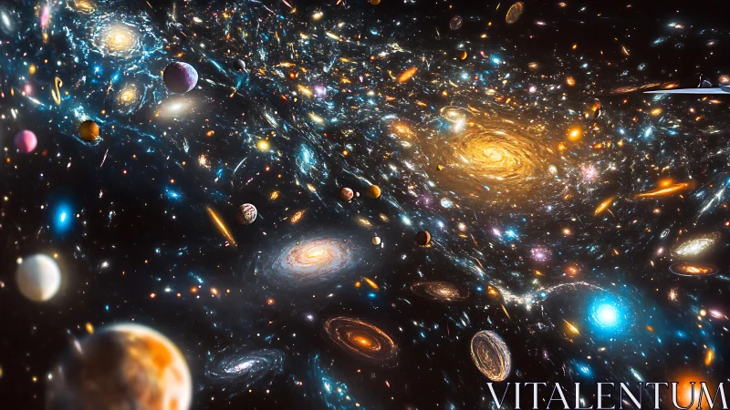 Multiverse starfield with dense spiral galaxies and planets
