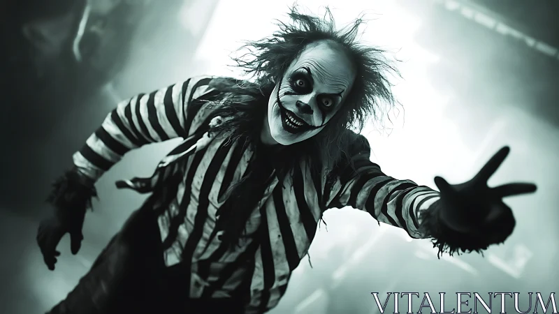 Sinister striped clown lunges forward in eerie teal haze.