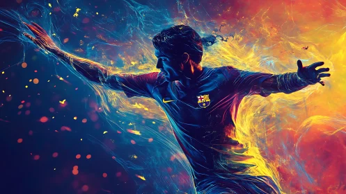 Digital painting of dynamic footballer in neon motion trails.