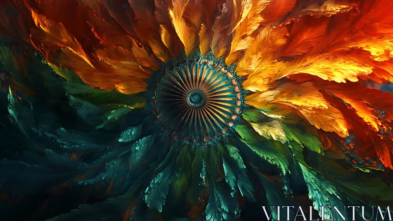 Radial feather-like pattern in multicolored digital spiral.