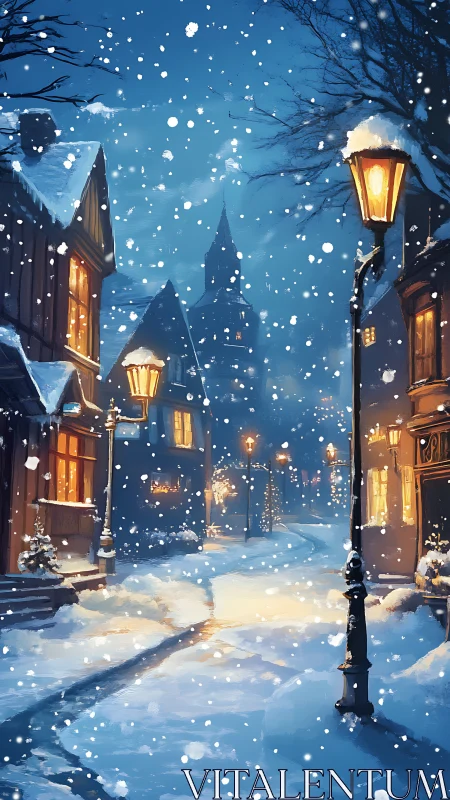 Snowy village street glows under warm winter lamplight