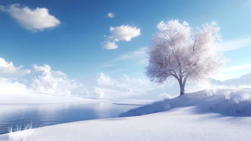 Solitary frost laden tree beside reflective winter lake
