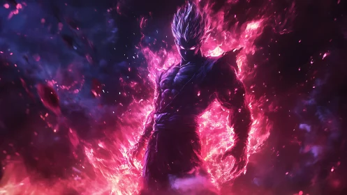 Demonic warrior silhouette ignites in neon magenta inferno