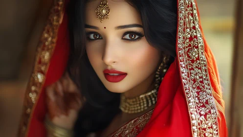 Bridal portrait in ornate red sari rendered photorealistically