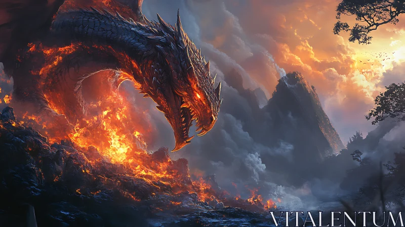 Dragon over volcanic landscape with smoke and distant peaks.
