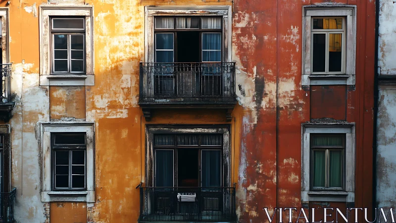 Weathered urban facade with windows and metal balconies.
