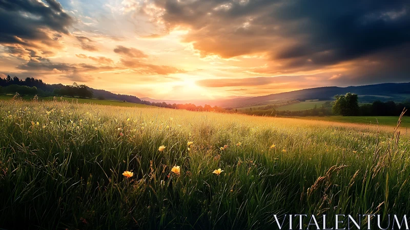 Sunset over grassy meadow with distant rolling hills.
