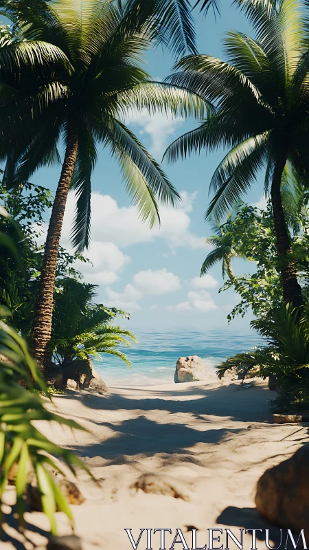Tropical beach cove framed by palm trees and rocks
