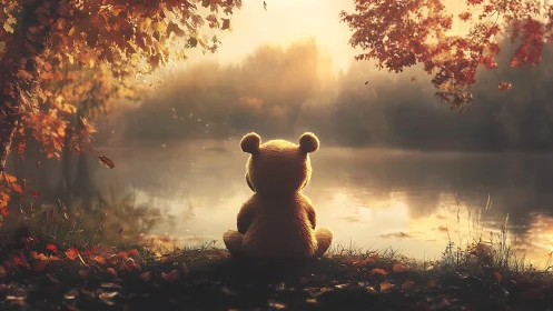 Plush bear dreams beside a misty autumn lakeside glow.