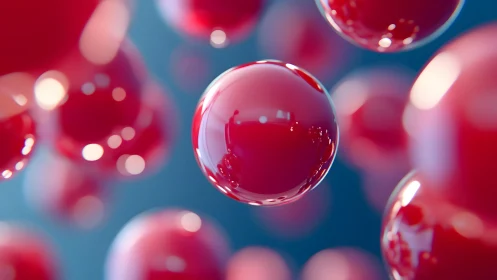 Crimson orbs drift in luminous blue, echoing liquid galaxies.