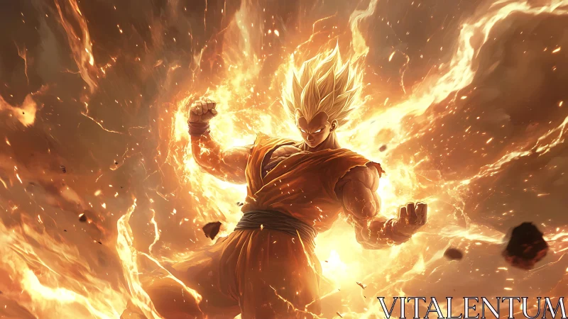 Golden haired anime fighter amid intense flame aura.