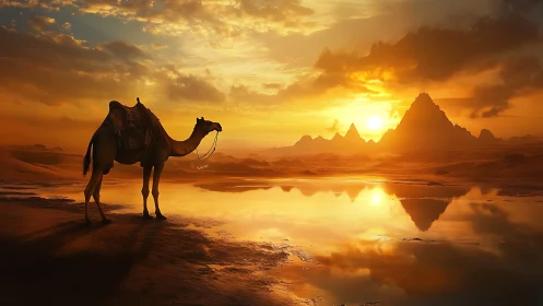 Camel beside mirrored desert lake at blazing sunset.