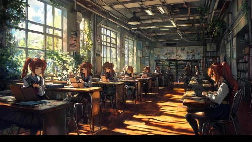Sunlit anime classroom with students working on laptops.