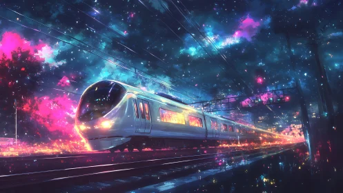 Neon bullet train cuts through cosmic night storm.