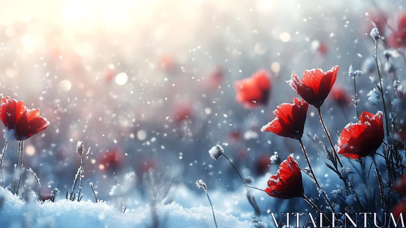 Red flowers in winter snow with frost and falling precipitation