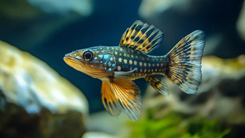 Iridescent spotted fish suspended in vivid aquatic depth.