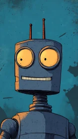 Wide-eyed friendly robot under a bright teal sky.
