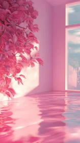 Monochrome pink interior pool with foliage and skylit reflection.