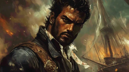 Defiant sea captain stands before burning battle-torn ship.